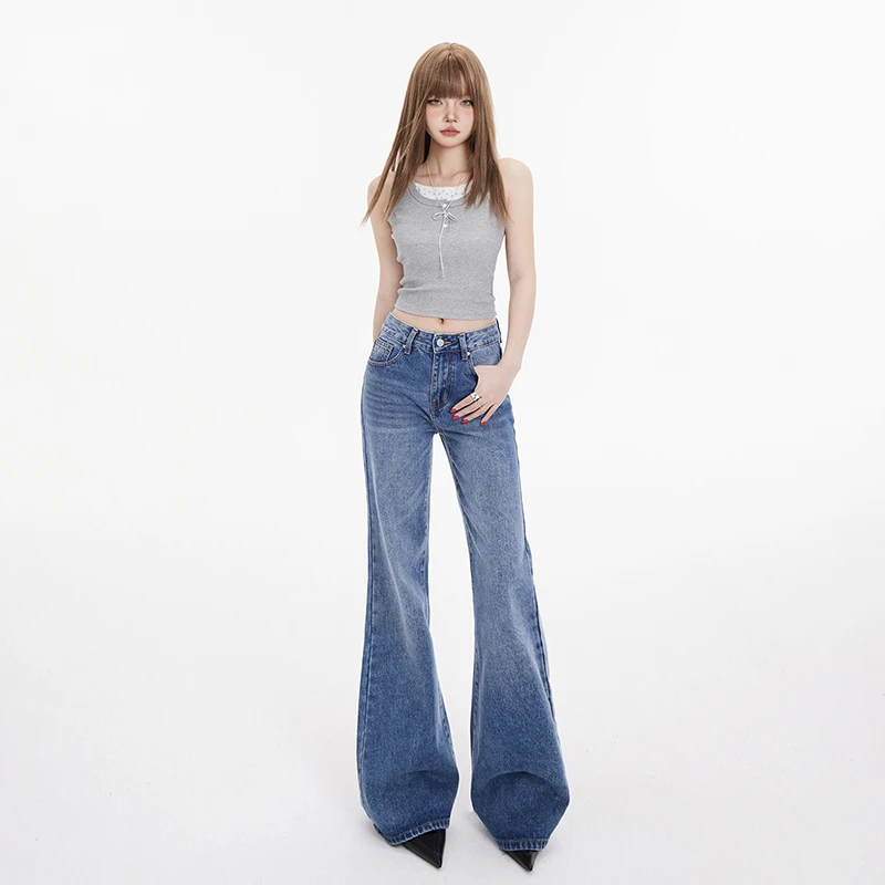 2025年新品上市美式复古宽阔喇叭裤低腰百搭春秋垂感显瘦牛仔裤女