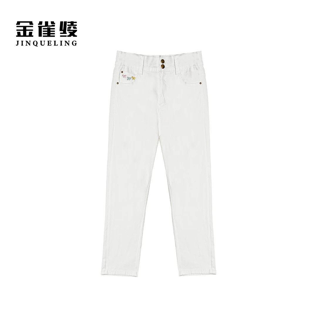 金雀绫【白色蝴蝶结】白色刺绣修身弹力大码九分牛仔裤SZAK2KLW62