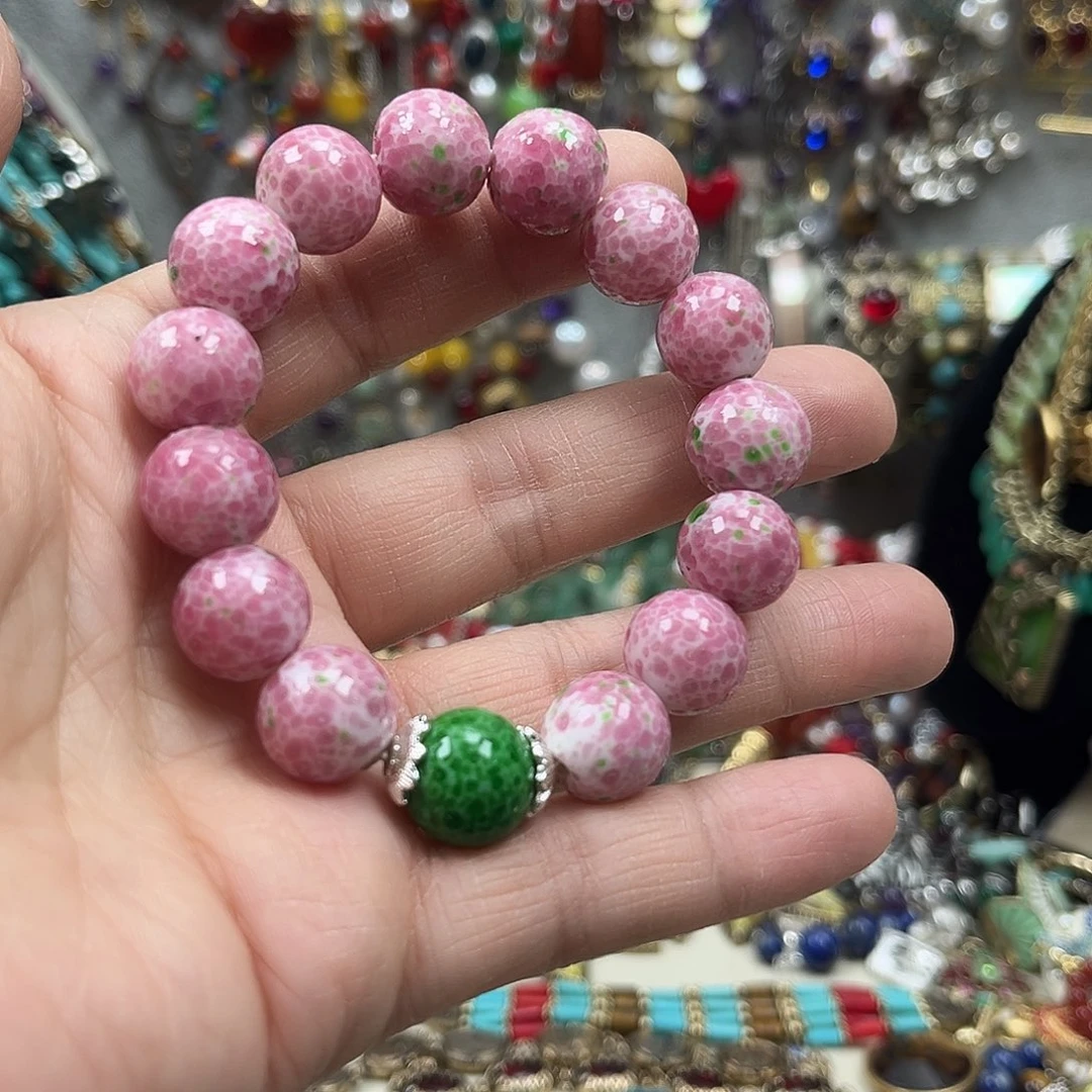 纯铜银色弹力粉珠手链