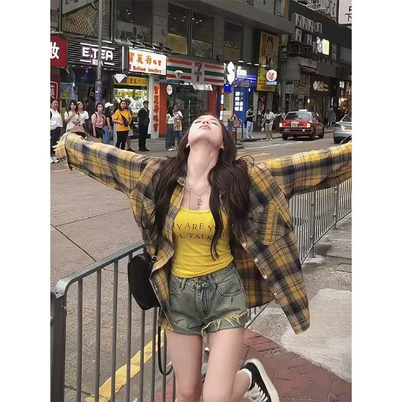 0143大码女装早秋新款格子衬衫＋印花字母吊带减龄显瘦遮肉套装