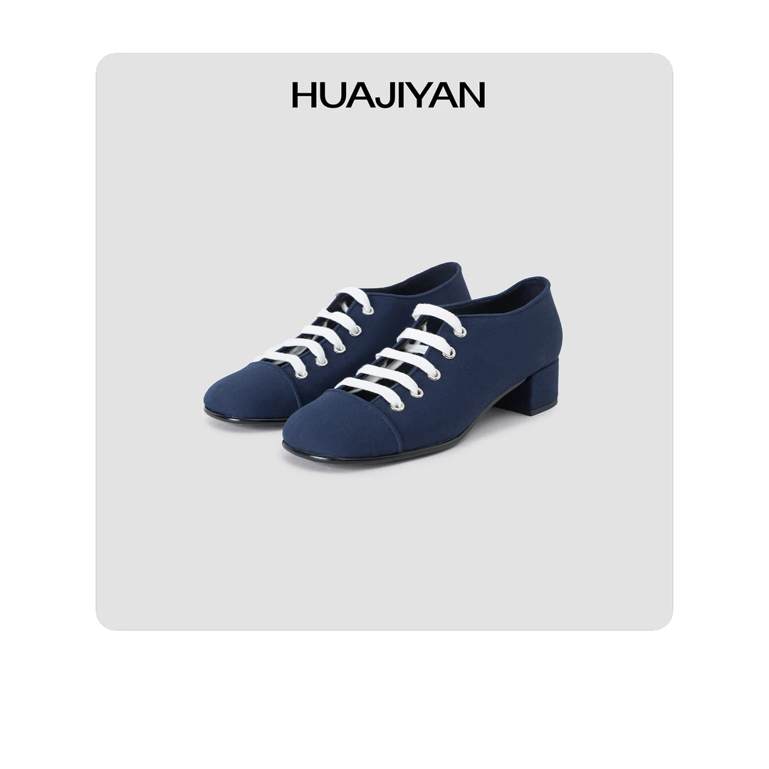 华吉言/HUAJIYAN【配饰系列】进口条纹布羊皮内里小高跟单鞋