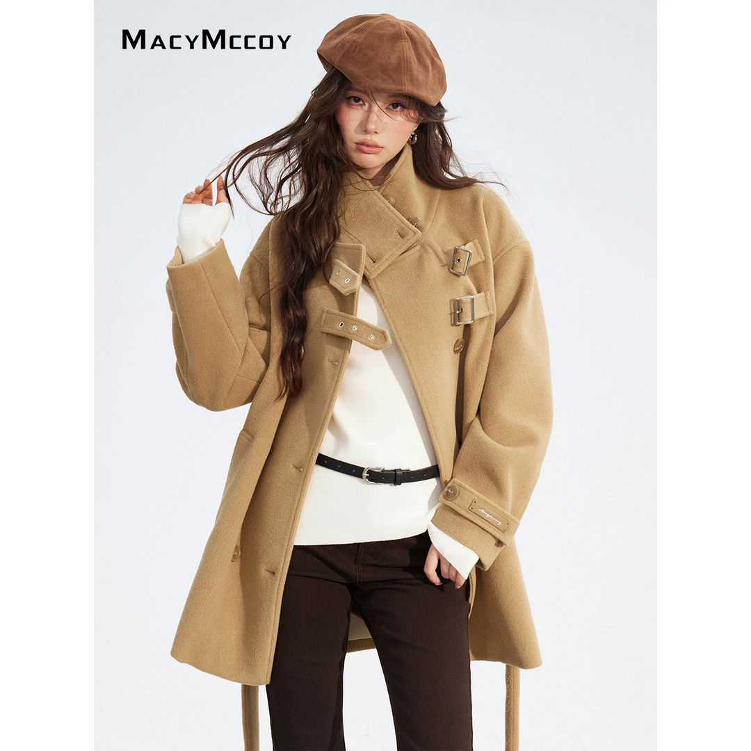 MacyMccoy双排扣毛呢外套女冬季新品设计感气质优雅立领呢大衣