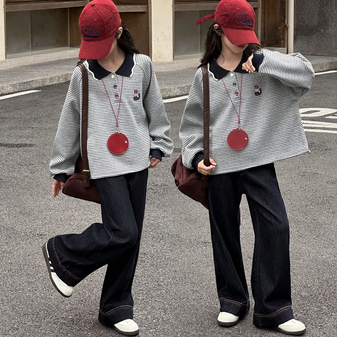 女童条纹套装中大童加厚打底上衣时尚秋冬新款休闲宽松9-15岁女孩