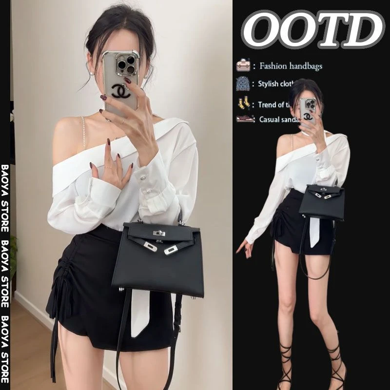 春季穿搭一整套2025新款韩系气质斜肩飘带衬衣不规则短裤裙两件套