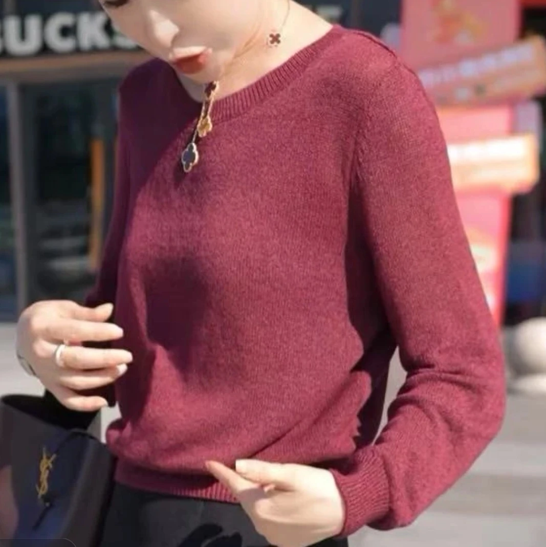 针织女衫上衣秋季长袖百搭圆领时尚纯色毛针织衫