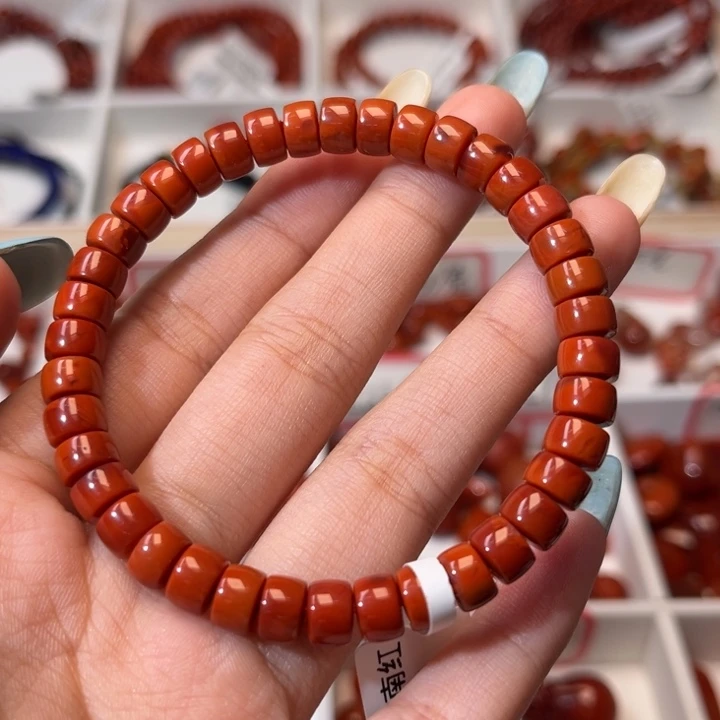 南红玛瑙未镶嵌手链满肉柿子红玫红7mm精工直切药片