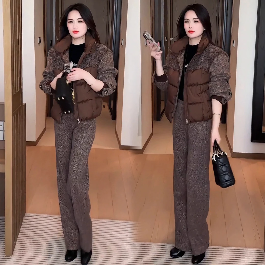 时尚棉服套装女2025冬季新款洋气毛呢拼接棉衣外套阔腿裤两件套潮