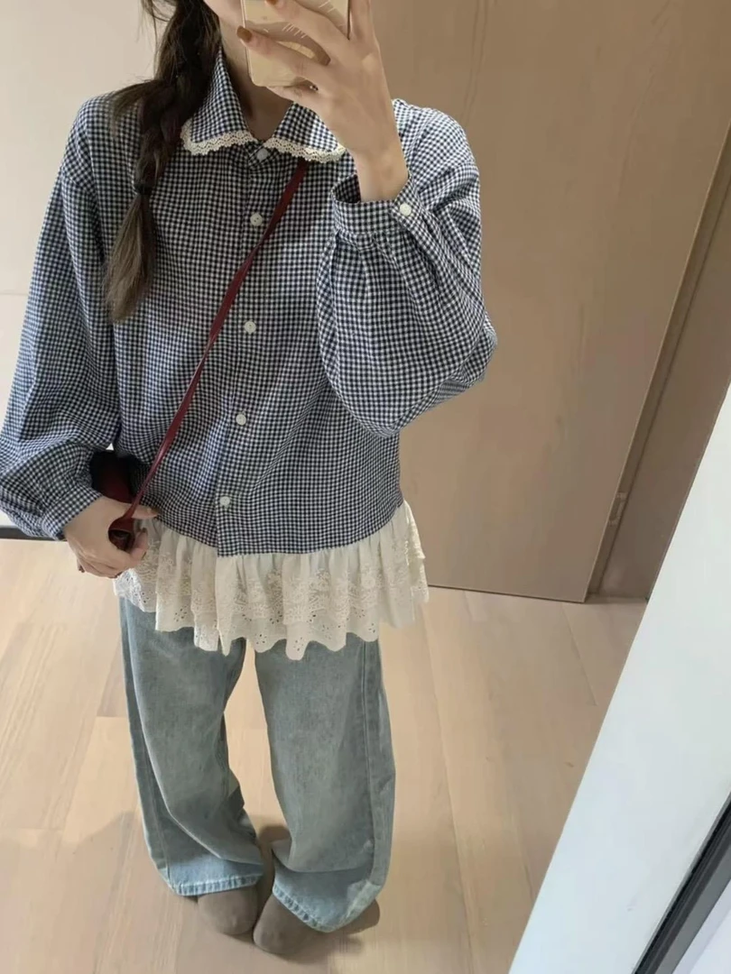 【全额运补】蓝色格子衬衫外套女早秋秋季蕾丝拼接小衫娃娃领上衣