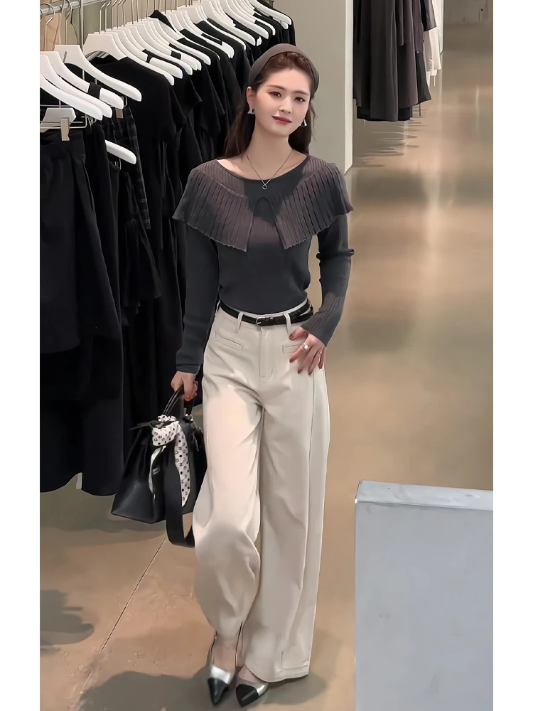 入秋季2025年新款女装韩系高级感气质一字领针织上衣阔腿裤两件套
