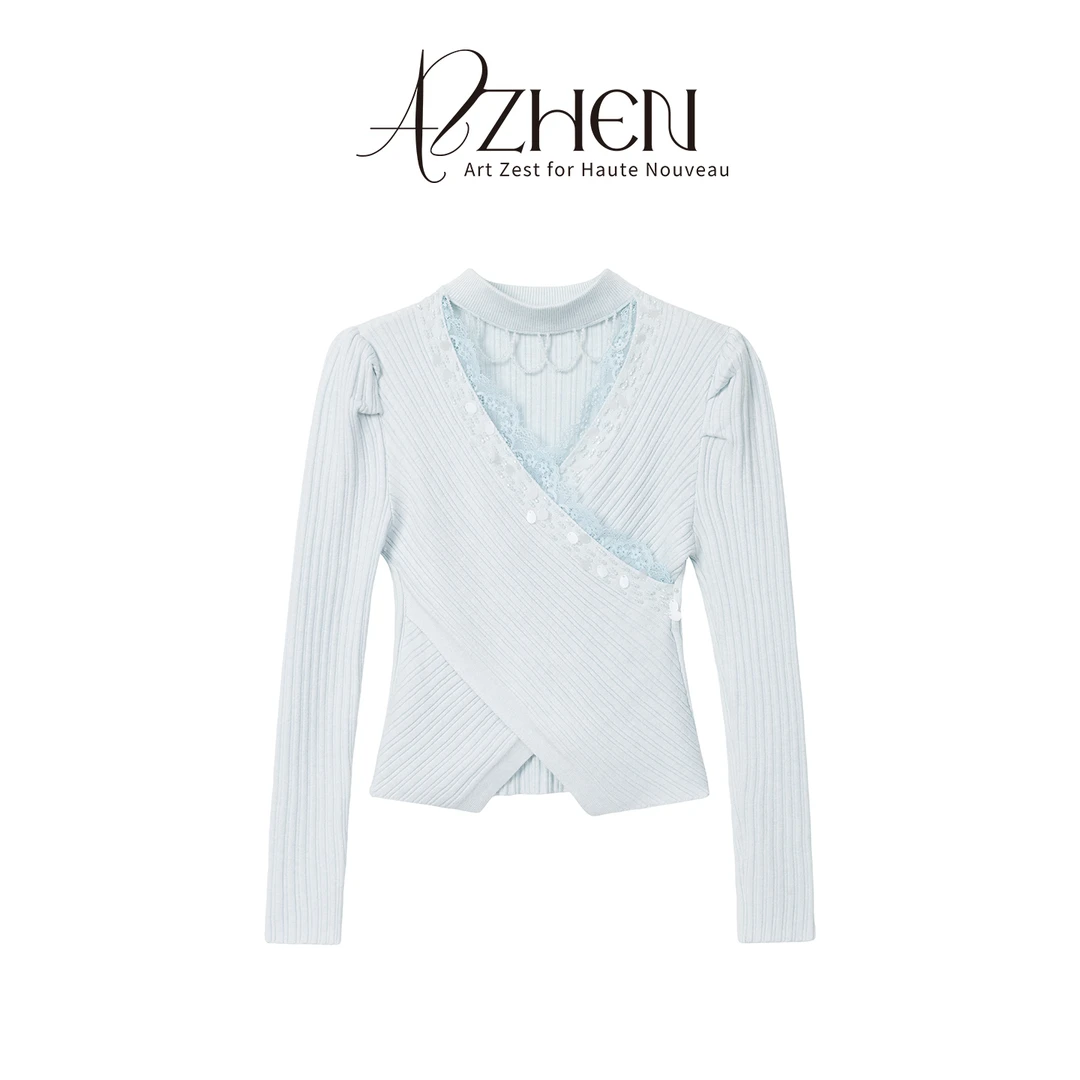 AZZHEN【一见倾心】法式交叉V领挂脖蕾丝花边拼接针织衫AZ5PBT15