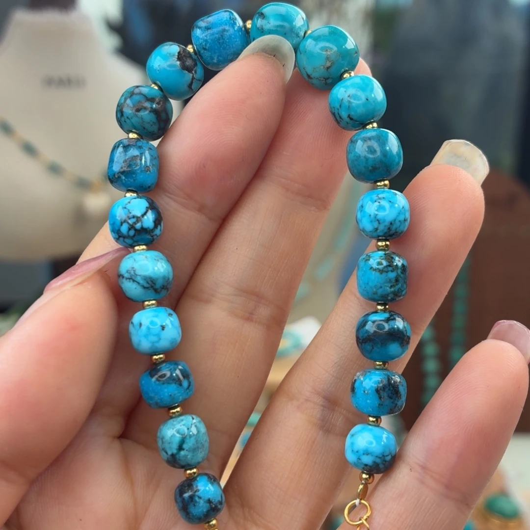 绿松石银S925镀金镶嵌手链