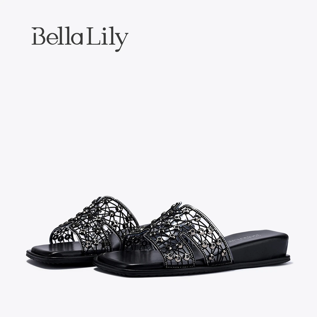 BellaLily2025夏季新款方头平底拖鞋女复古镂空精致露趾一字拖鞋