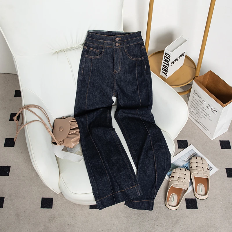 深蓝色微喇牛仔裤女裤2025年新款秋季高腰宽松显瘦垂感阔腿裤子女