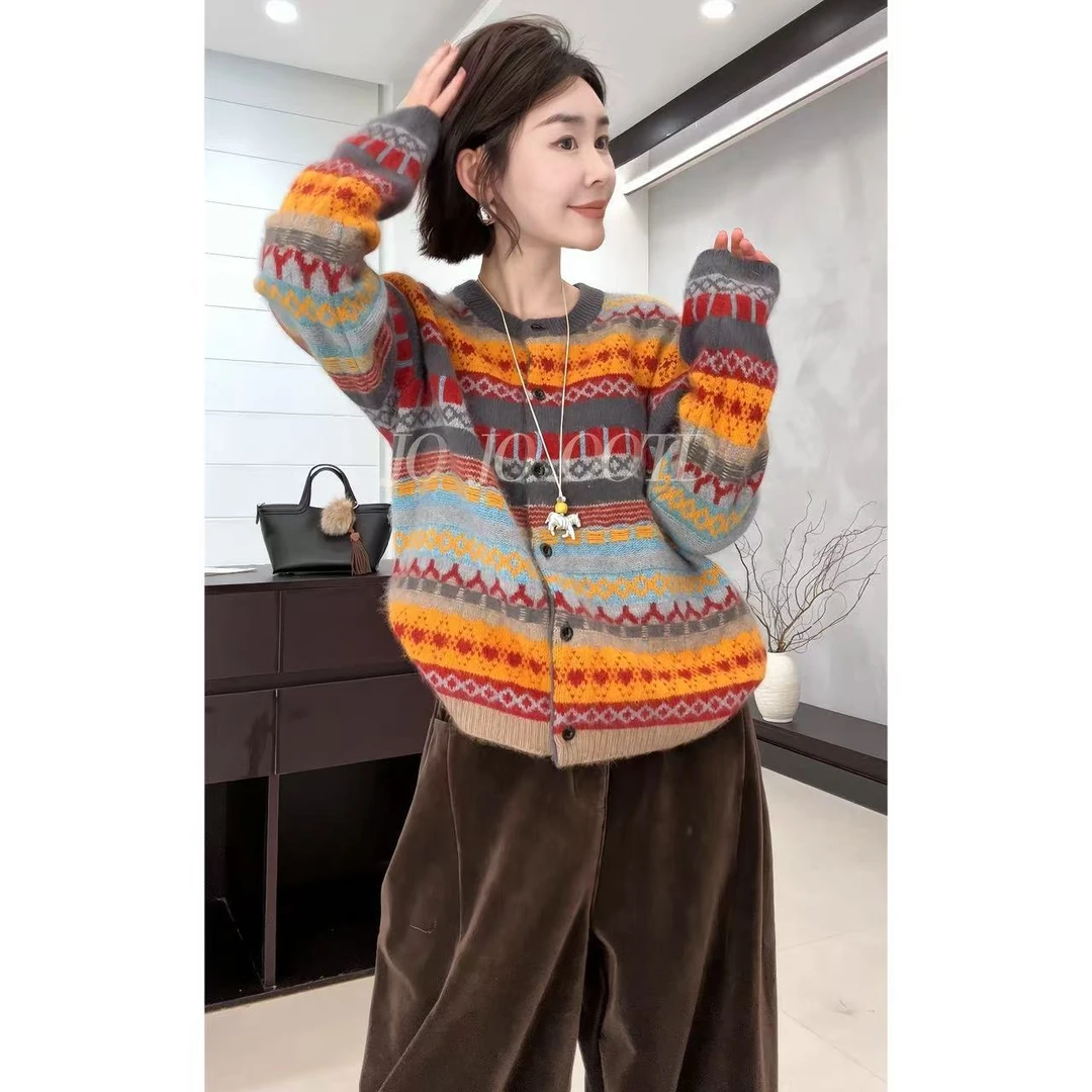 玖了个玖 2025冬款 极简百搭费尔岛撞色圆领针织开衫 2511C8403