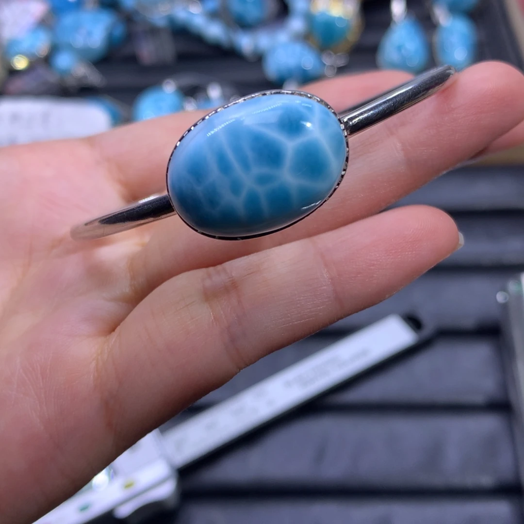 针钠钙石（海纹石）银S925镶嵌手镯蛋面手镯色差略异