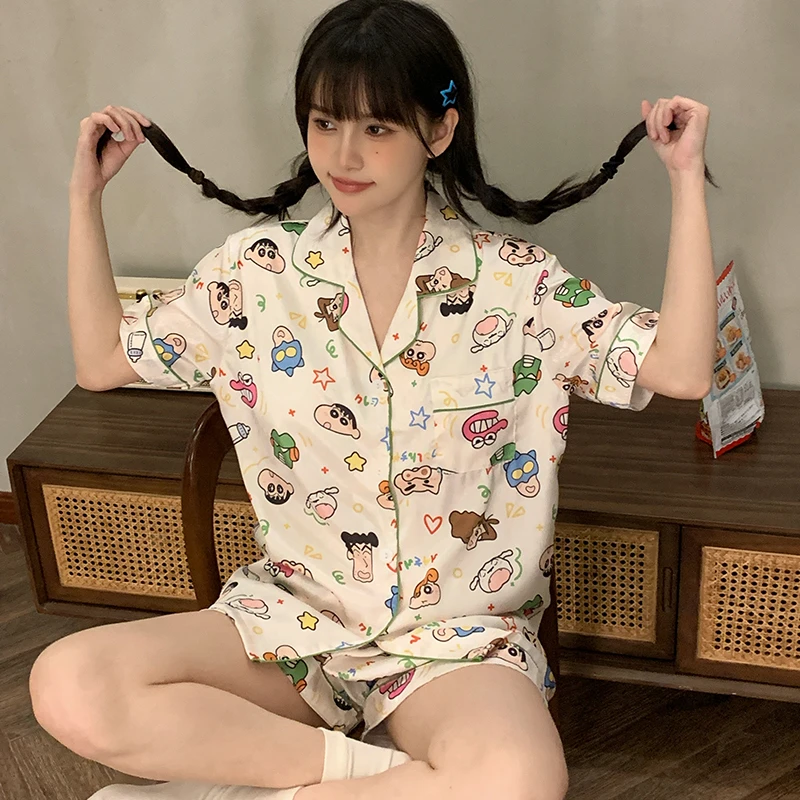 蜡笔小新睡衣女冰雪丝夏季新款带胸垫短袖可外穿大码女士女士睡衣