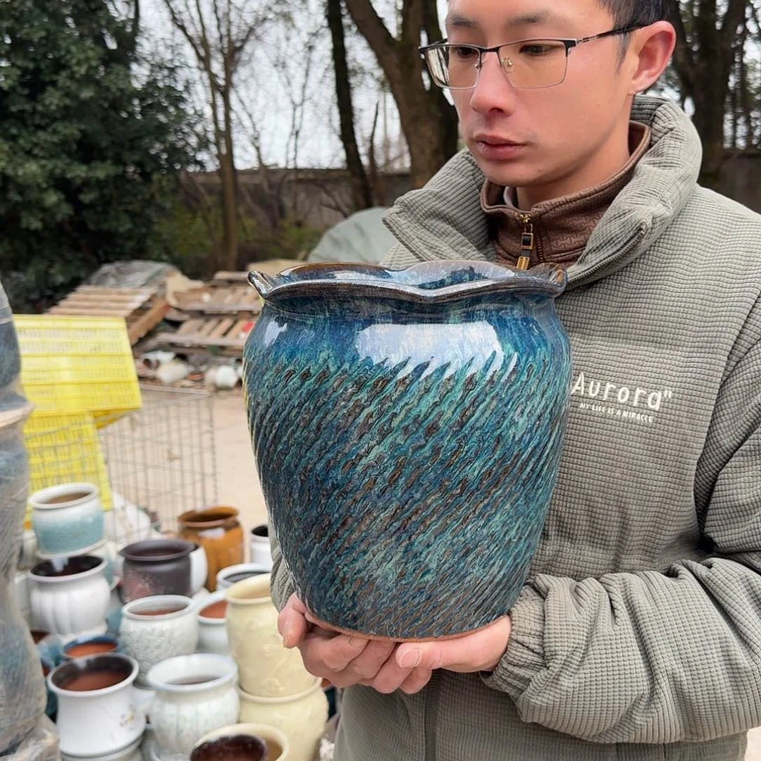 紫砂花盆口25高25（一个雪花绿大号花边口