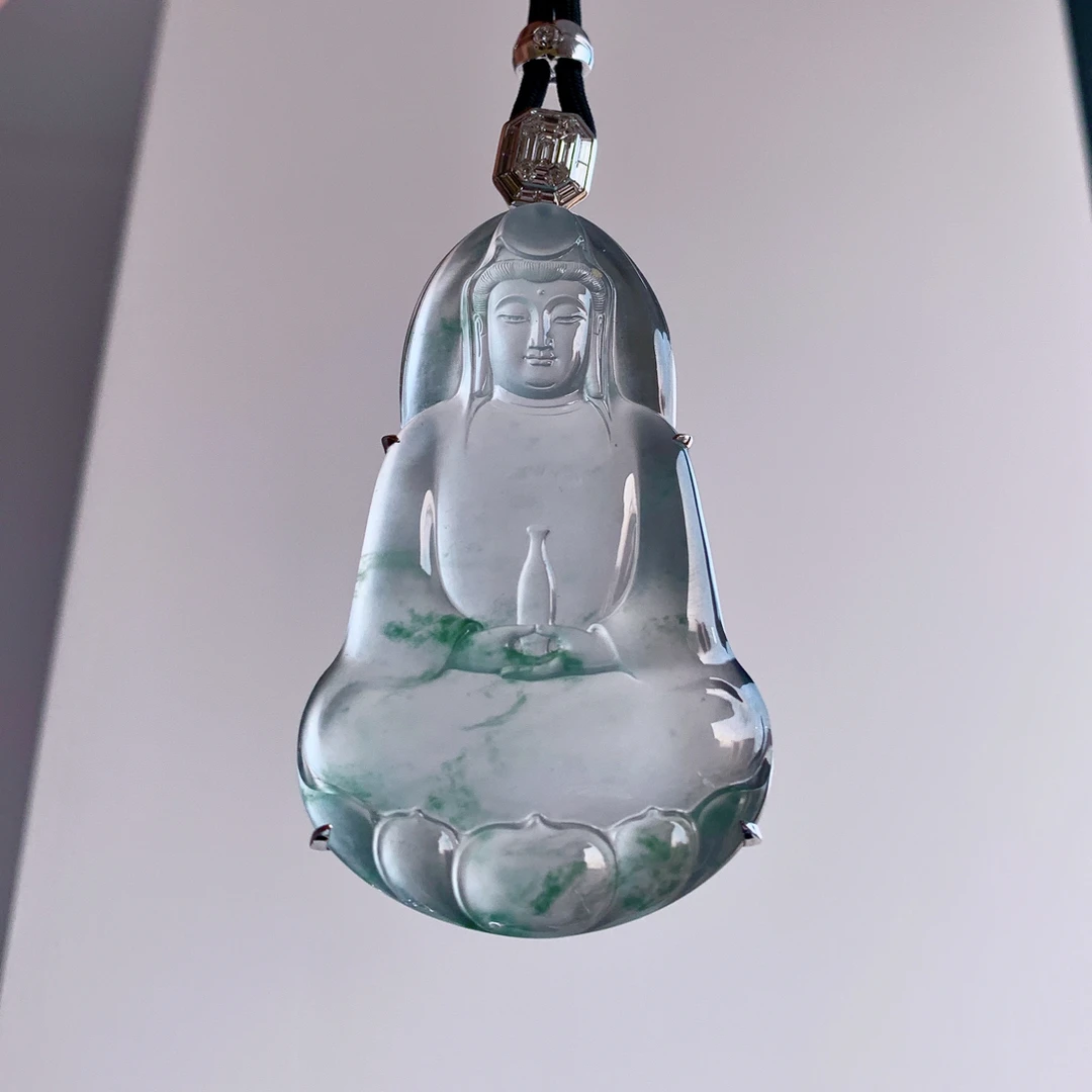 收藏传承级别玻璃种起杠光大师作品珍品天然缅甸翡翠a货观音菩萨