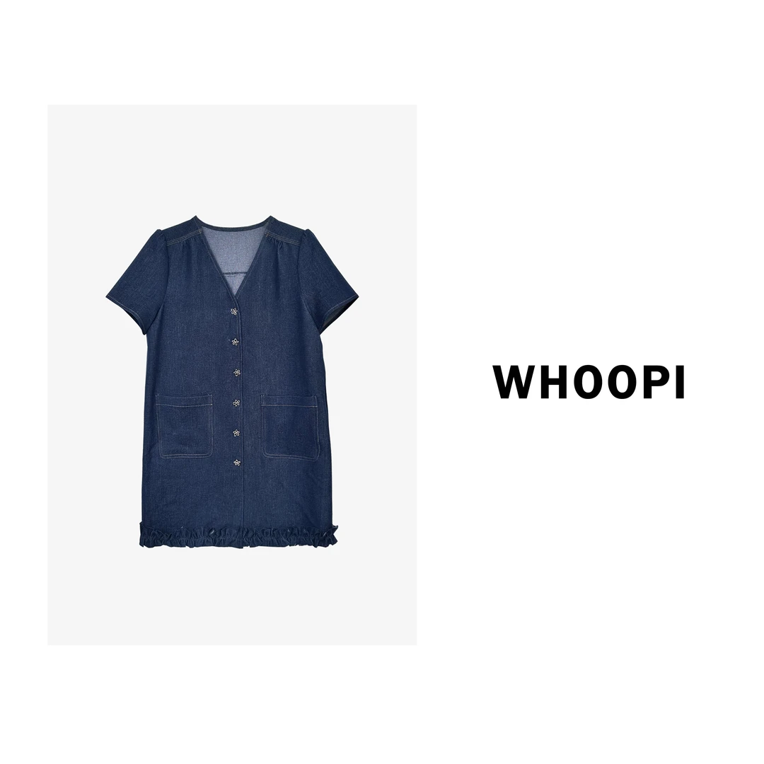 【Whoopi】【苏佛杂记】夏日仿牛仔短袖连衣裙 V领薄款复古短款连衣裙