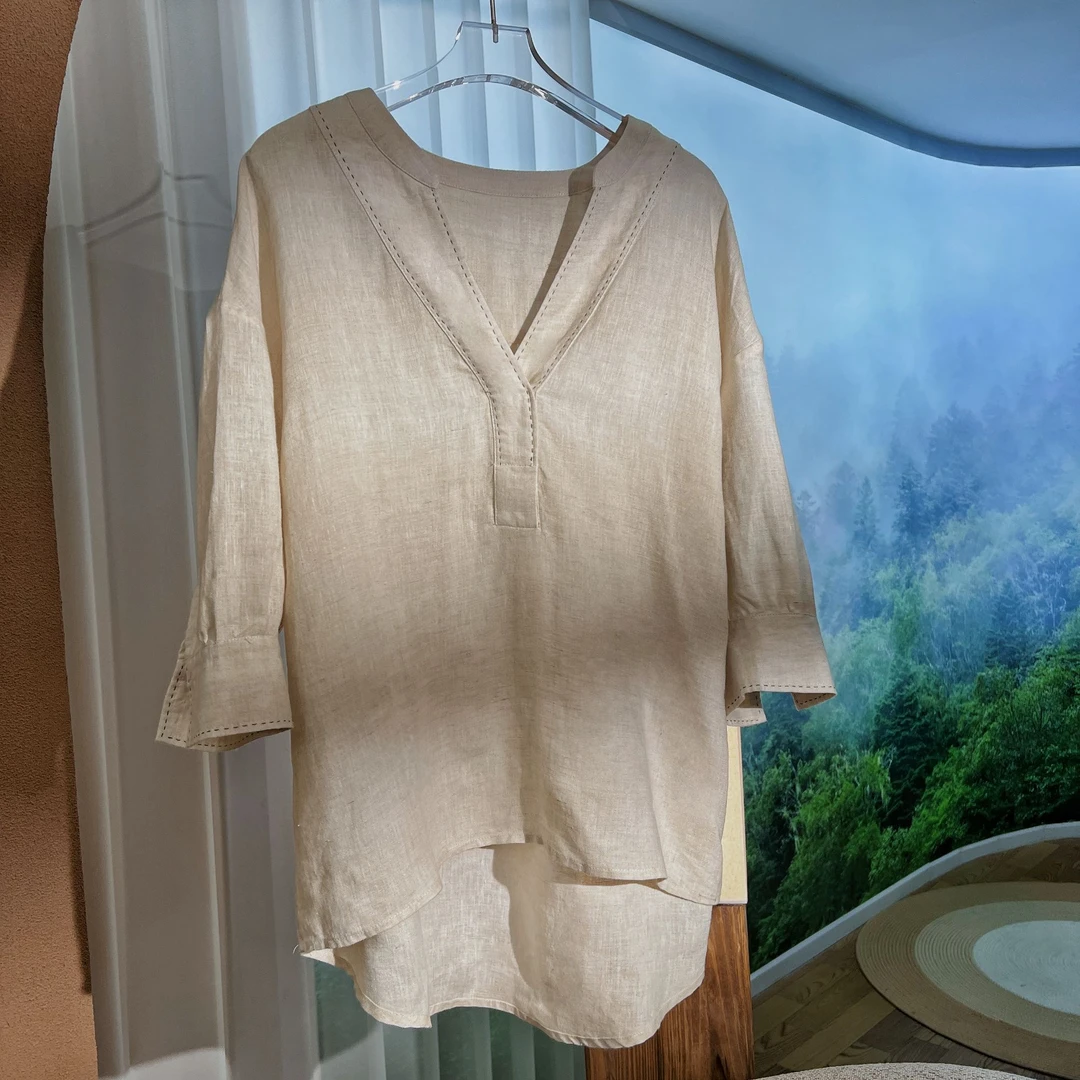 手工拱针纯亚麻老钱风慵懒松弛女士休闲五分袖V领设计衬衫百搭