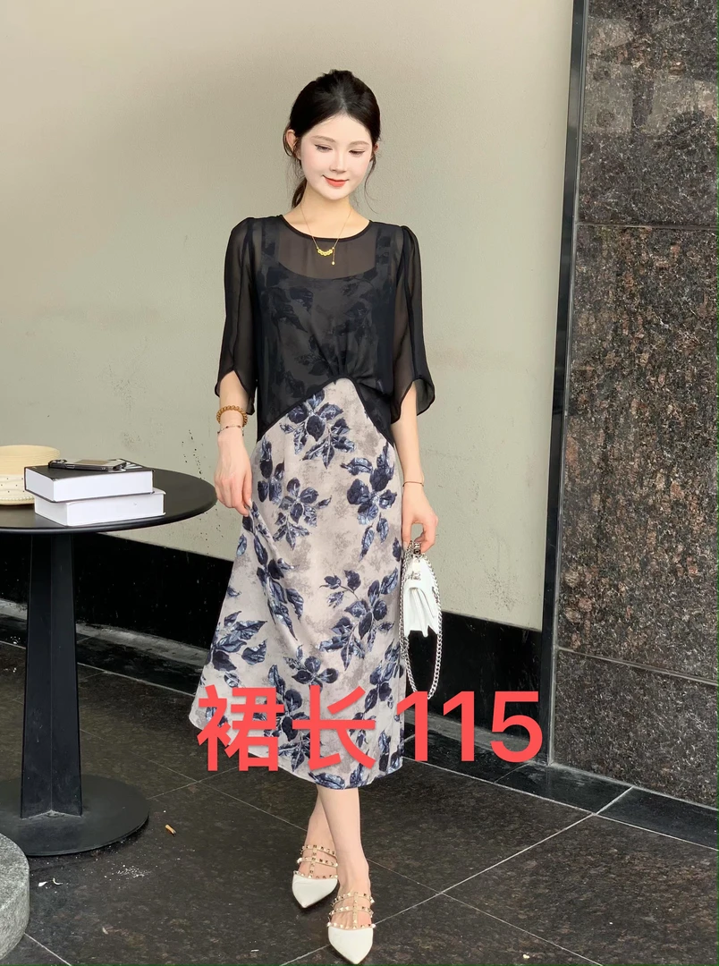 依芙恩58108夏季新款黑色防晒罩衫印花连衣裙
