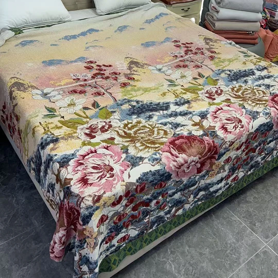 230*250【花开富贵】棉小恋浪漫温馨编织可水洗不掉色纱布软床盖