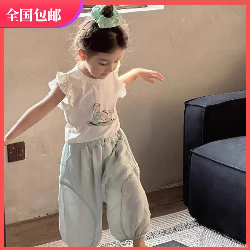 【夏季新品】薄荷绿！女宝韩系可爱飞飞袖T恤蝴蝶结灯笼裤两件套