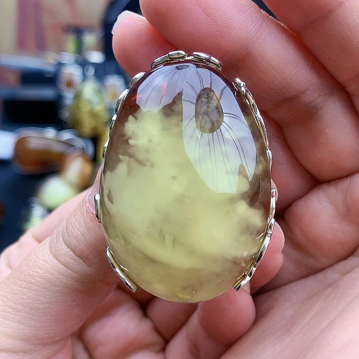 琥珀裸石银S925镶嵌手镯