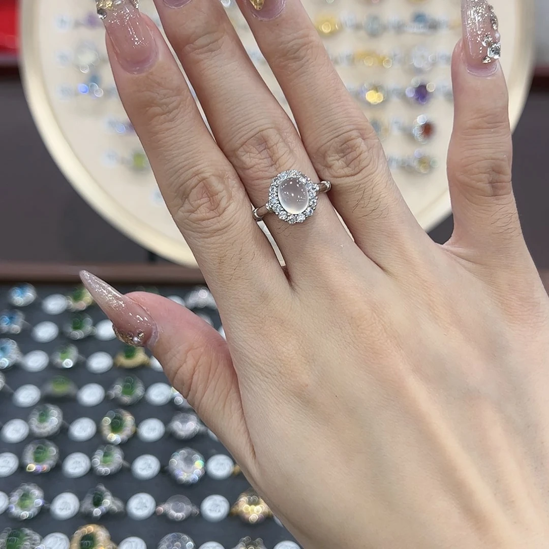 蛇纹石玉戒指银S925镶嵌甜*