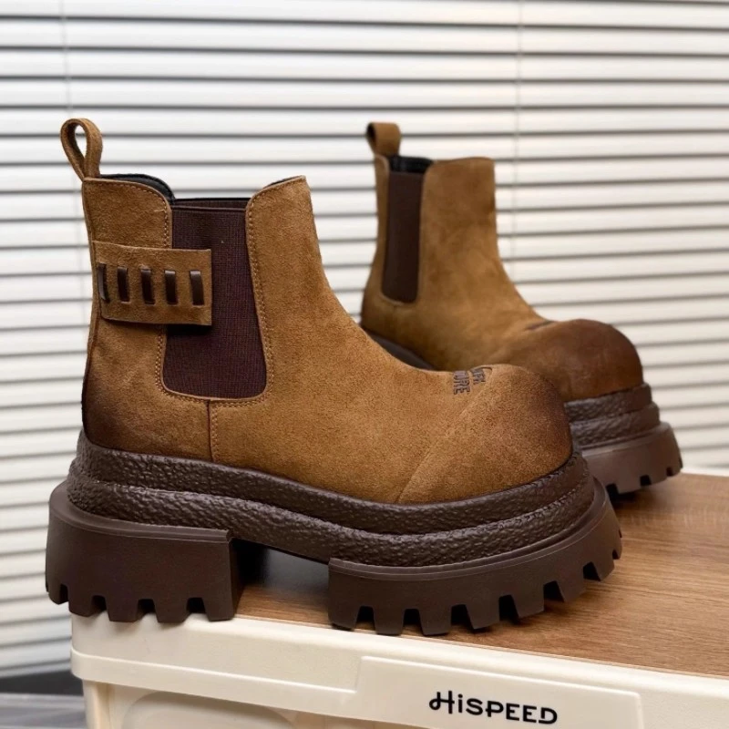 磨砂加绒复古擦色大头松糕厚底马丁靴女百搭小个子增高切尔西短靴