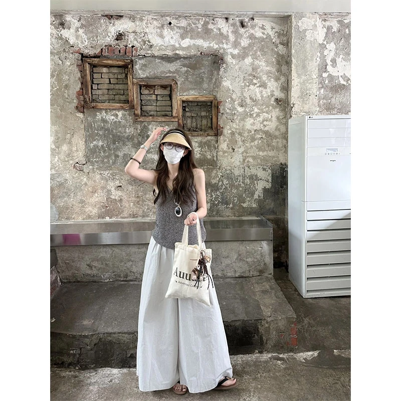 2025夏季新款U领宽松针织吊带背心休闲无袖上衣高腰直筒阔腿裤女