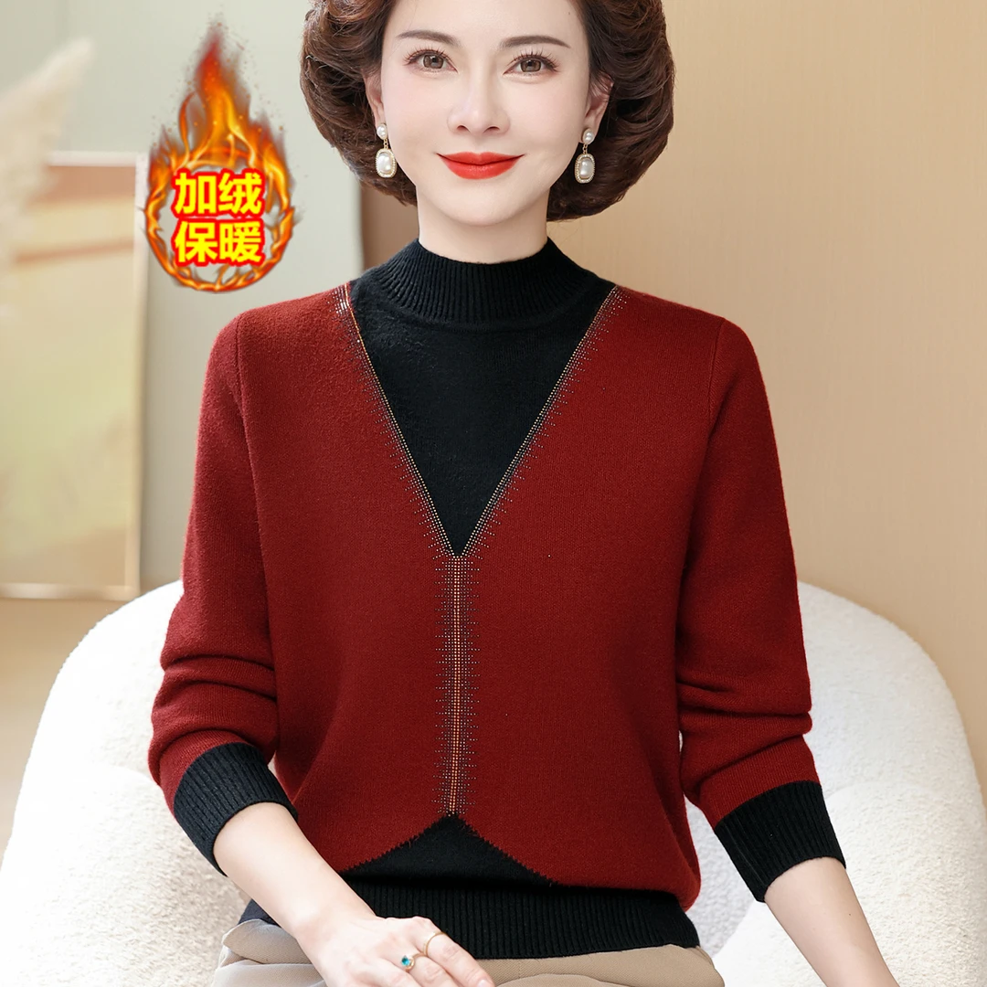 2025年妈妈冬装新款半高领加厚毛衣老太太秋冬季加绒保暖内搭上衣