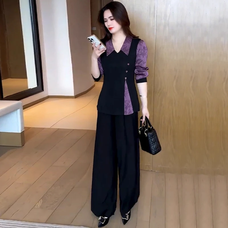 时尚套装女2025春秋季新款假两件拼接长袖衬衫气质显瘦休闲两件套