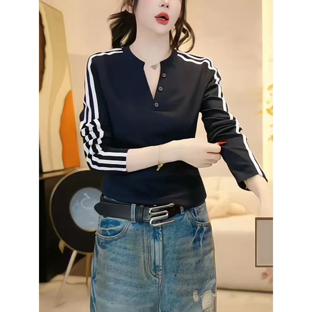 欧货时尚简约半开领长袖2025年秋季新款设计感休闲显瘦打底衫上衣
