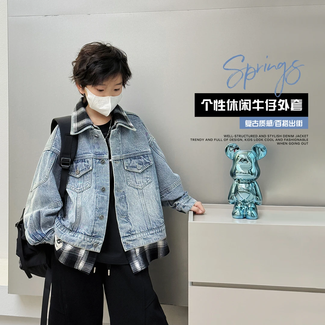 男童春装外套儿童假两件格子牛仔衬衫2025新款中大童洋气上衣薄款