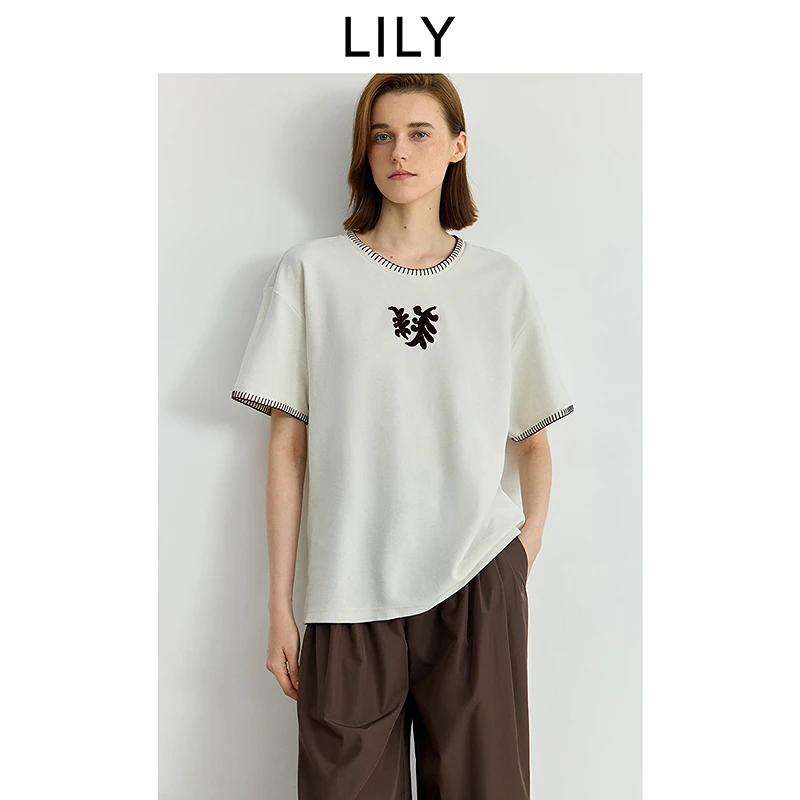 【柜姐专享】LILY2025秋撞色线条休闲落肩短袖T恤上衣125339VT902