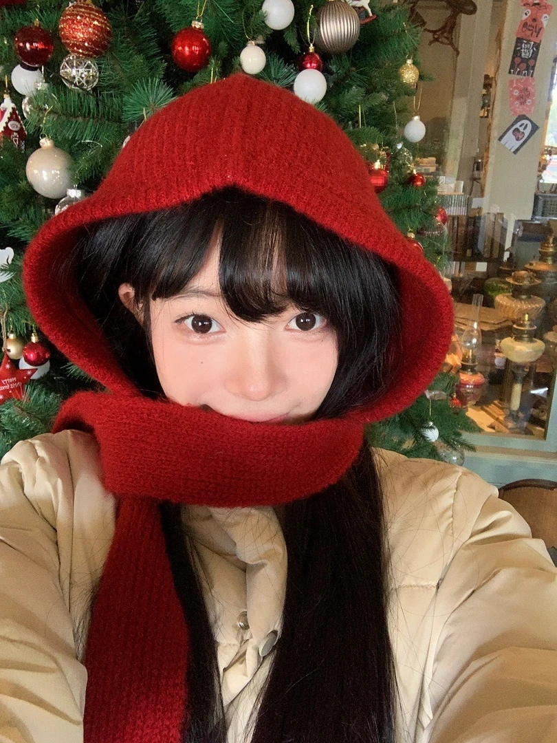 圣诞新年红色帽子围脖一体秋冬系带针织帽巴拉克法毛线帽保暖护耳