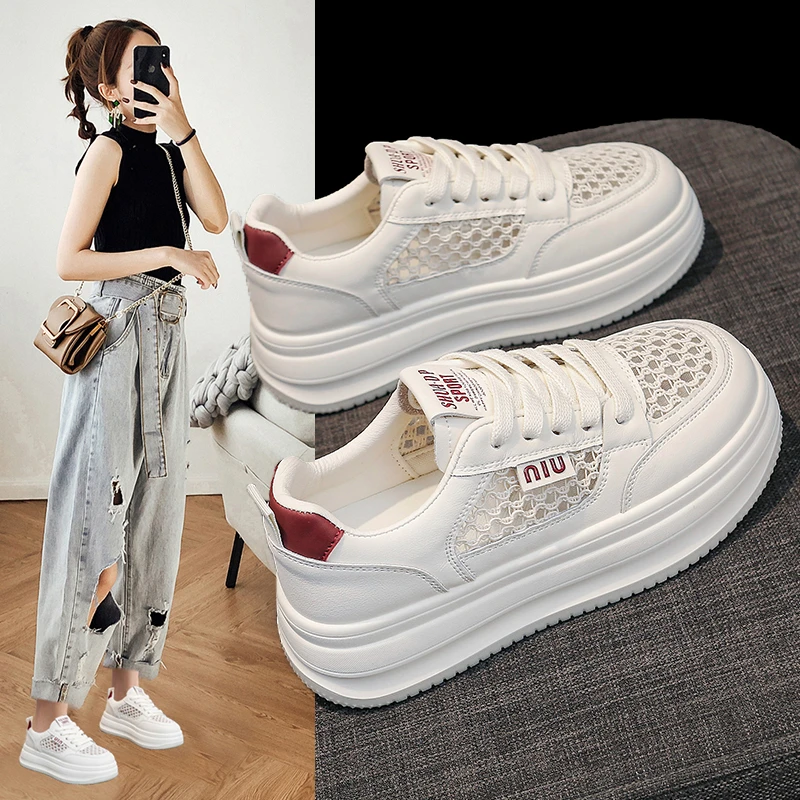 网面镂空小白鞋女款2025新款夏季薄款透气厚底运动休闲配裙子板鞋