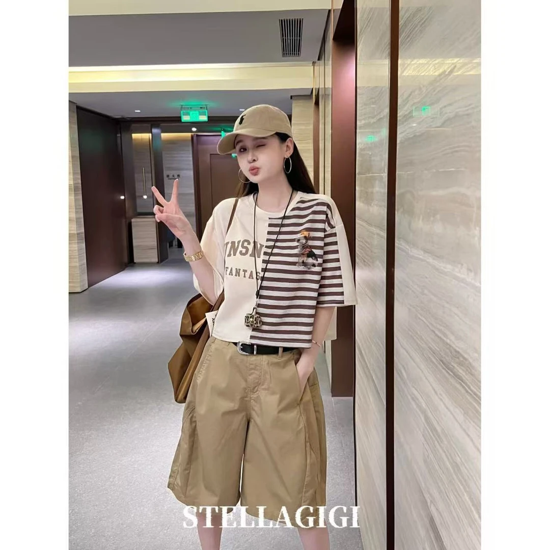 SG / 郭幂幂 SS 宠物小狗 韩系风条纹双色短款短袖T-20250496