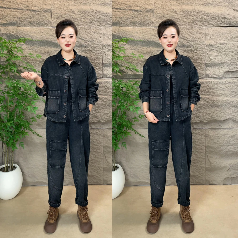 2025秋季新款时尚复古纯色牛仔套装妈妈装休闲减龄显瘦两件套