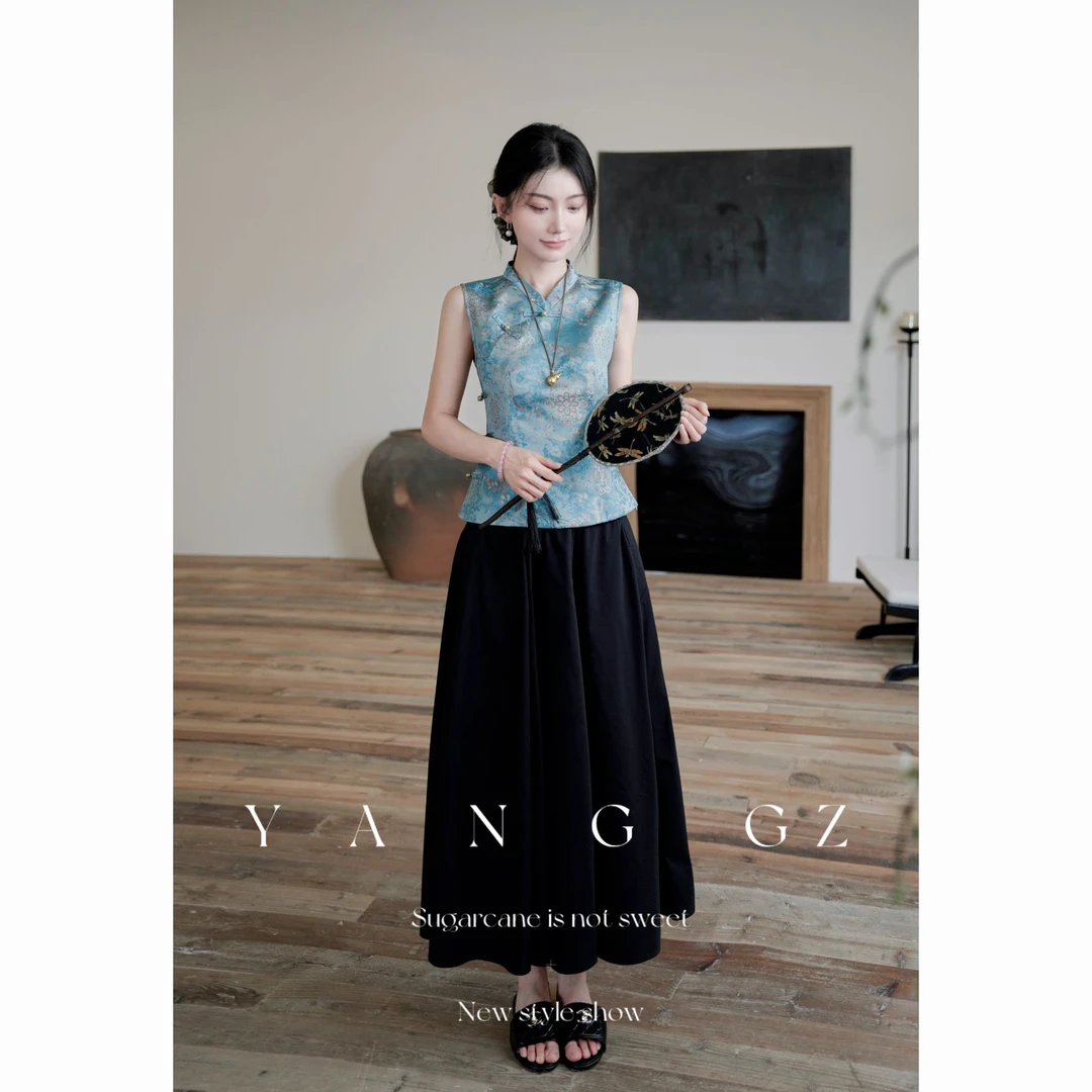 YANG GZ【Q大鱼海棠】新中式海蓝色百花纹斜襟马甲女GZ5152GL656040