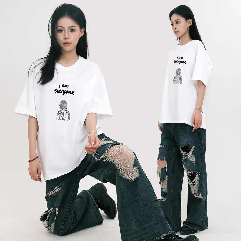 纯棉男女同款休闲短袖T恤美式潮牌百搭宽松潮流情侣半袖白色圆领