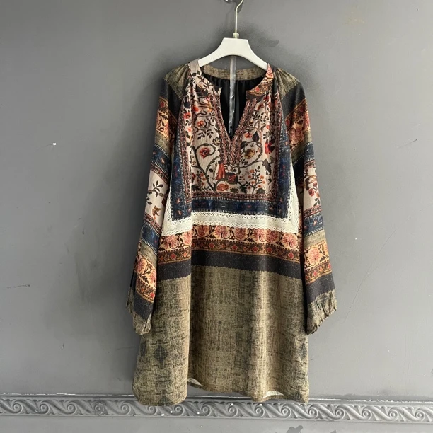 波西米亚风格休闲宽松印花设计师连衣裙彰显时尚气质