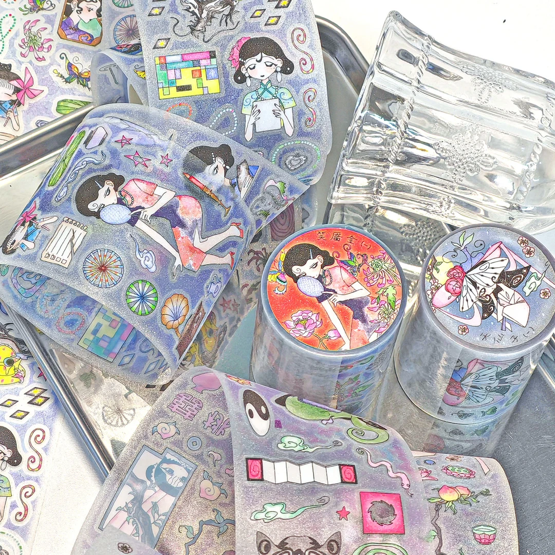 AGUGU浮生异闻录模切胶带和纸贴纸可爱少女闪砂胶带新国风贴纸卷