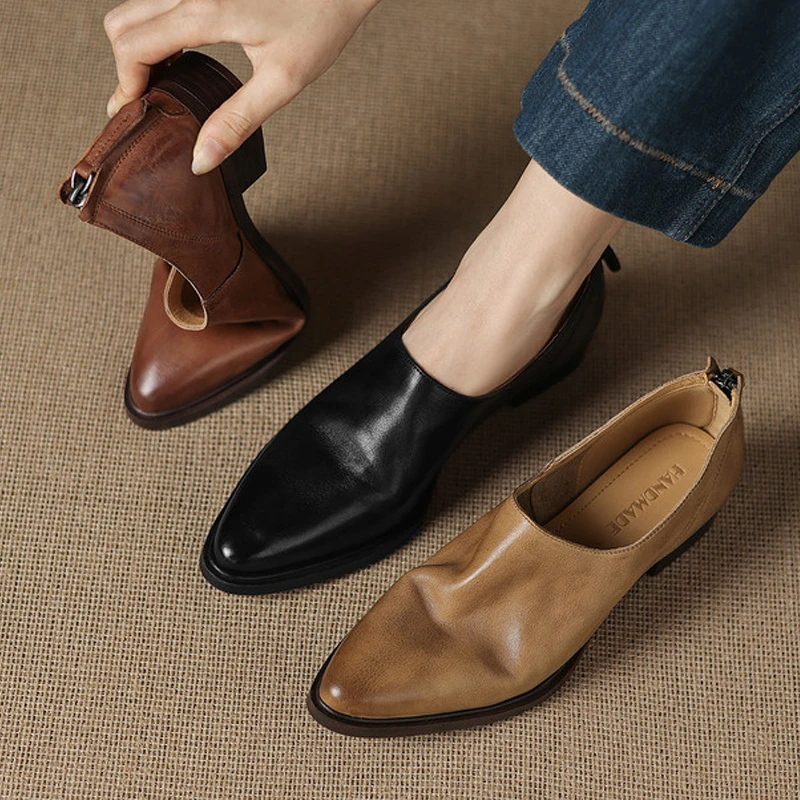 真皮气质尖头巨软深口乐福鞋子潮牌百搭后拉链中跟粗跟复古单鞋女