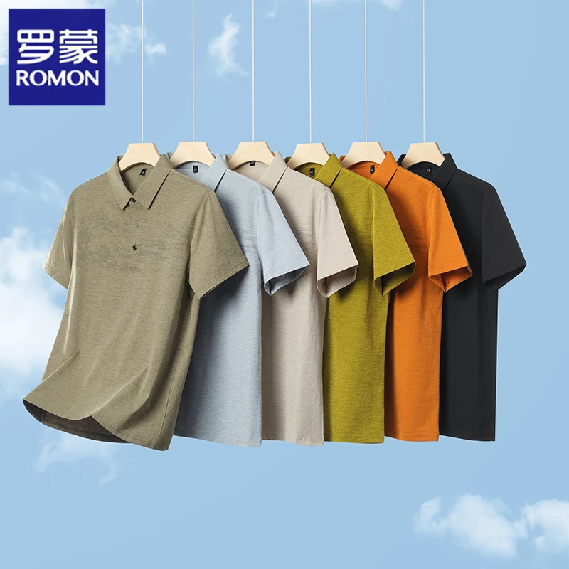 Romon/罗蒙男夏季翻领衬衫Polo衫上衣宽松丁香紫polo衫男休闲短袖