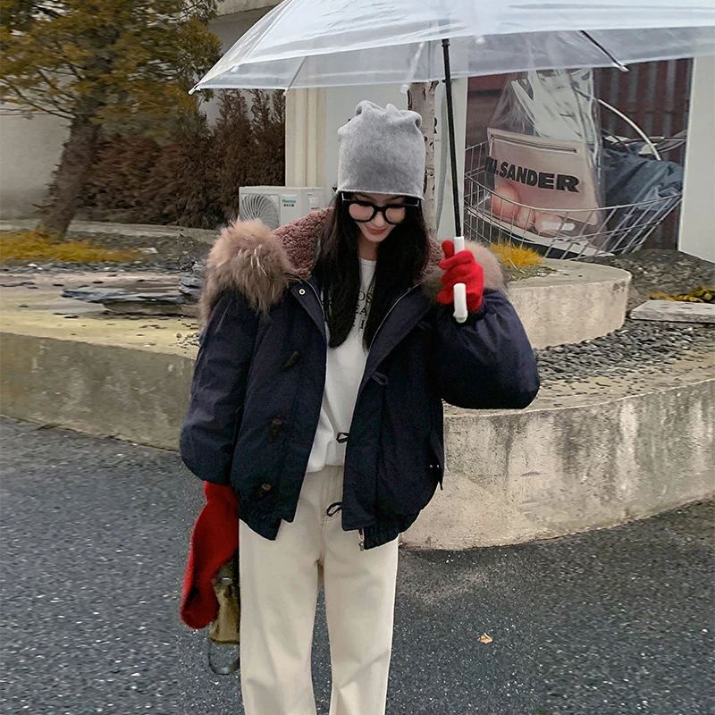 美式复古大毛领连帽棉服女冬季外套2025年新款牛角扣加厚保暖棉衣