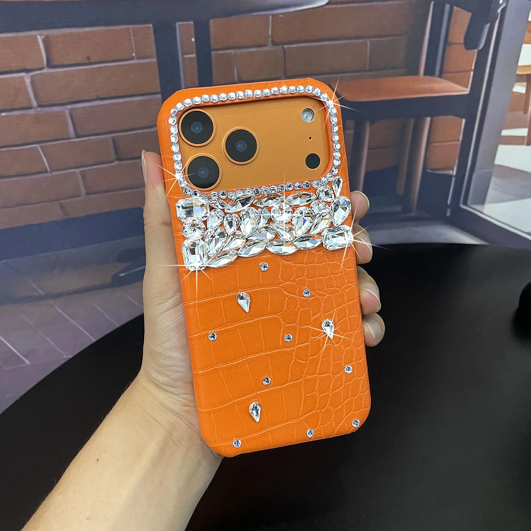 橙色国华闪钻半包适用于苹果17promax手机壳16鳄鱼纹15皮质14高级