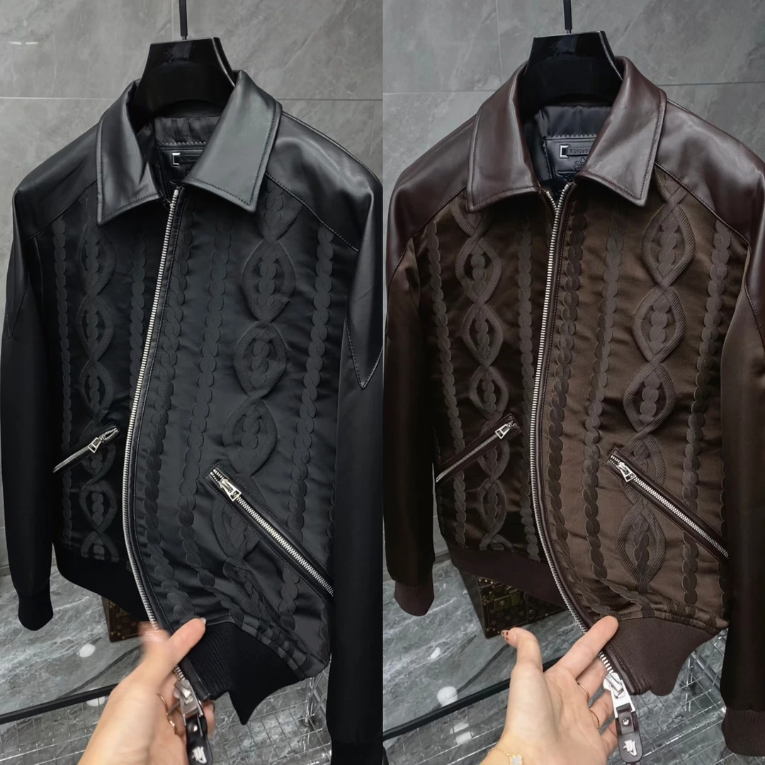 秋季新款男士轻奢时尚休闲百搭高品质提花拼皮翻领夹克外套 8092