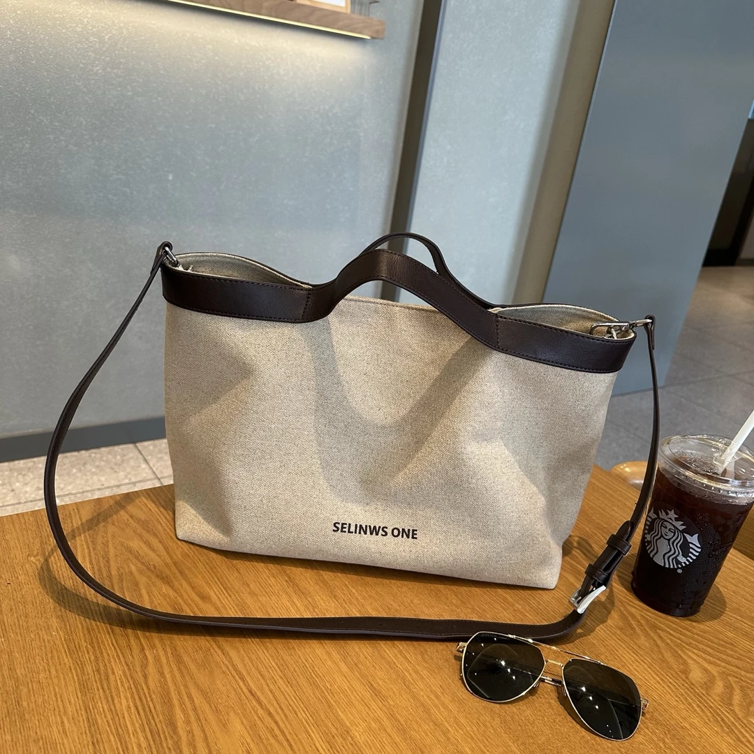 「买一送一」新款托特包亚麻配皮原创轻奢休闲洋气百搭单肩斜挎包